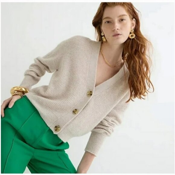 J. Crew Ribbed V-Neck Cardigan Sweater Alpaca Blend Tan Boho Small Casual Preppy - Picture 1 of 9